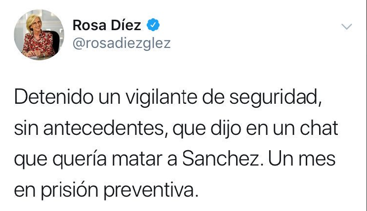 Tuit Rosa Diez sobre el presunto atentado a Pedro Sanchez