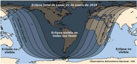 Zonas de visibilidad del eclipse de Luna del 20 al 21 de enero 2019