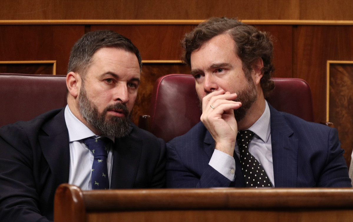 El presidente de Vox, Santiago Abascal, y el portavoz en el Congreso, Iván Espinosa de los Monteros, hablando en el hemiciclo