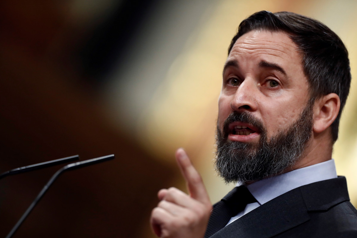 El líder de Vox, Santiago Abascal, durante su intervención en el pleno del Congreso celebrado este jueves para aprobar una nueva prórroga del estado de alarma.