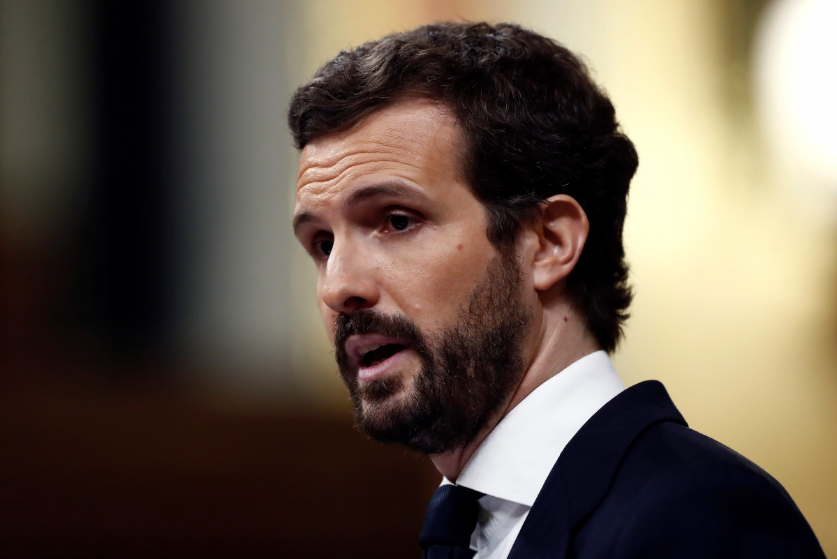 El líder del PP, Pablo Casado, durante su intervención en el pleno del Congreso. En Madrid, (España), a 9 de abril de 2020.