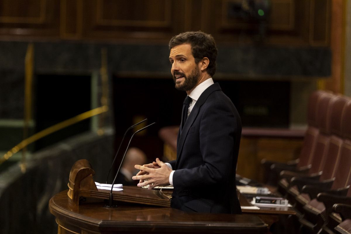 El presidente del Partido Popular, Pablo Casado, durante su réplica en el debate sobre la prórroga del estado de alarma, en Madrid, (España), a 3 de junio de 2020.