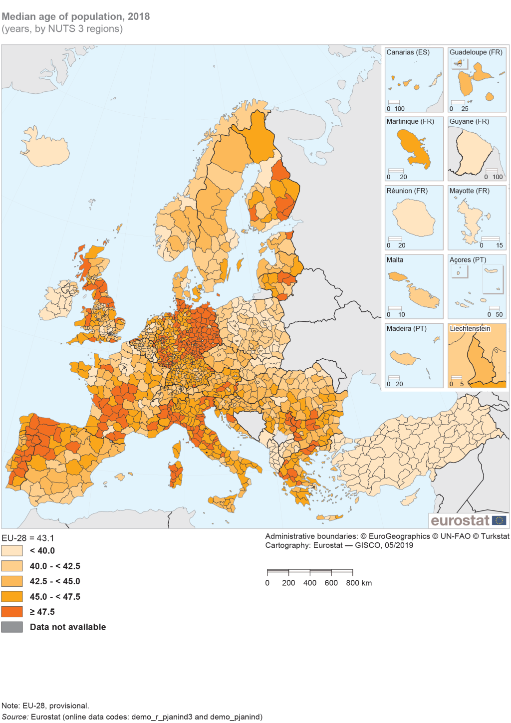 Median age of population, 2018 (years, by NUTS 3 regions) RYB19