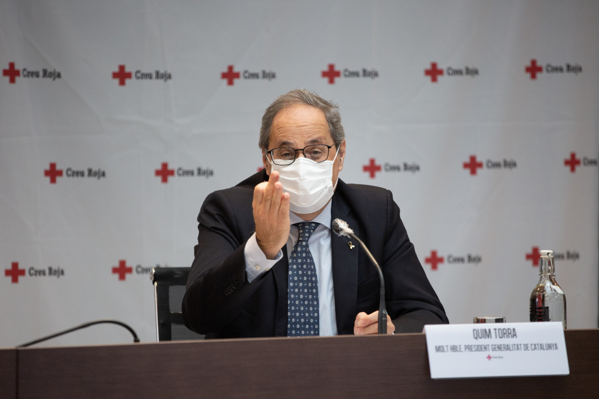 El presidente de la Generalitat, Quim Torra, durante el acto de balance de la campaña del Gobierno de Cataluña con la Cruz Roja para sensibilizar sobre el Covid-19 y disminuir el riesgo de contagios