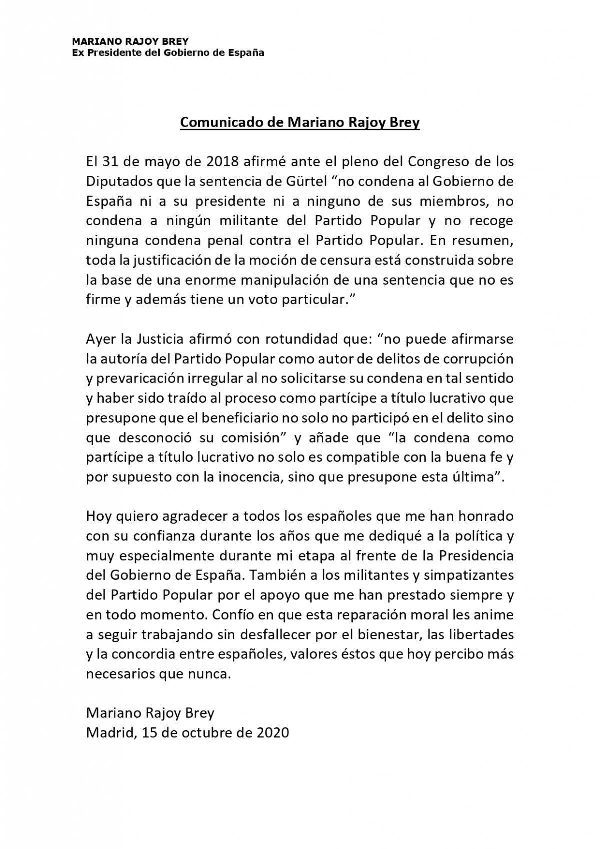 Carta Mariano Rajoy