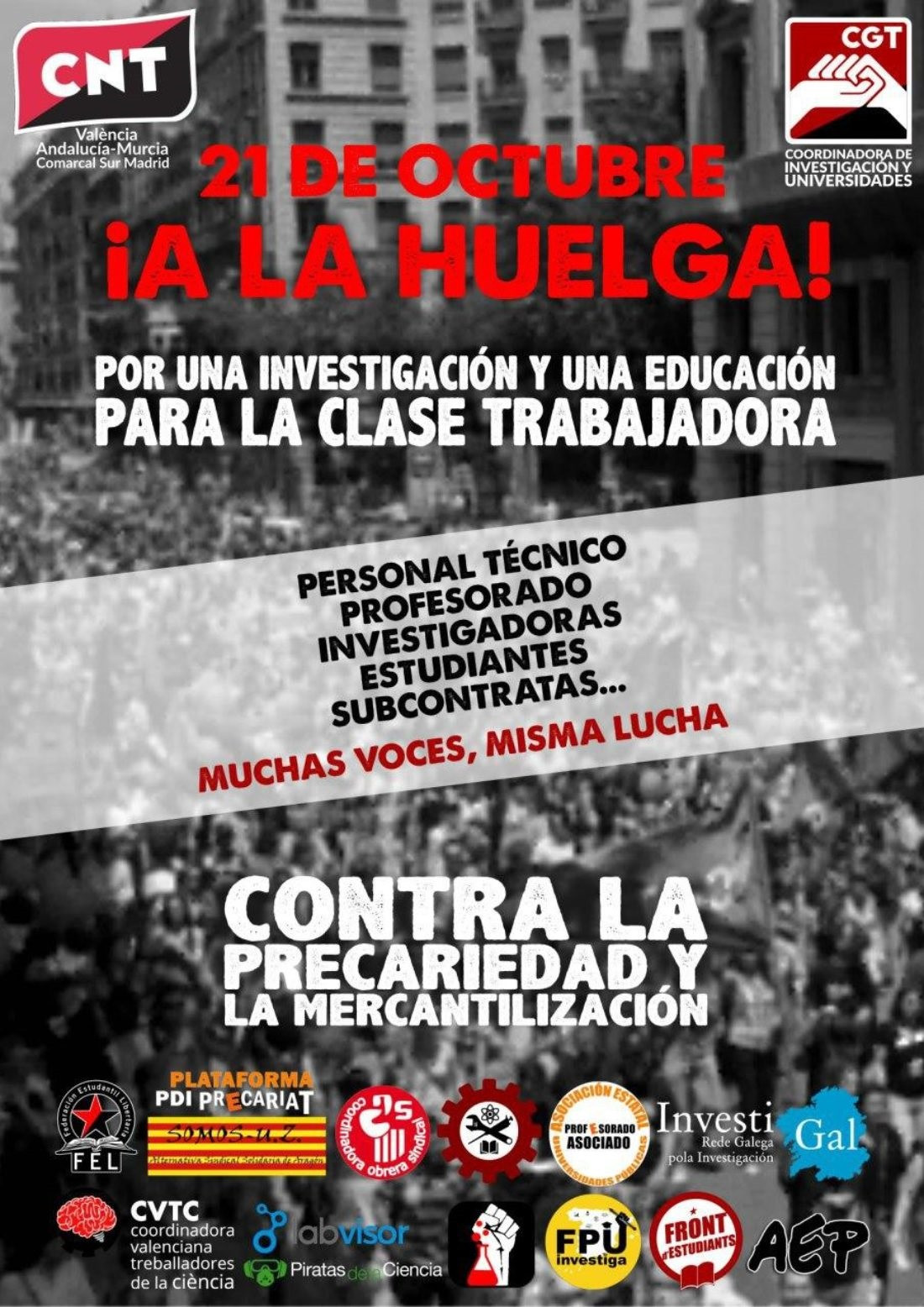 Cartel de convocatoria de huelga de las universidades y centros de investigación para este miércoles 21 de octubre