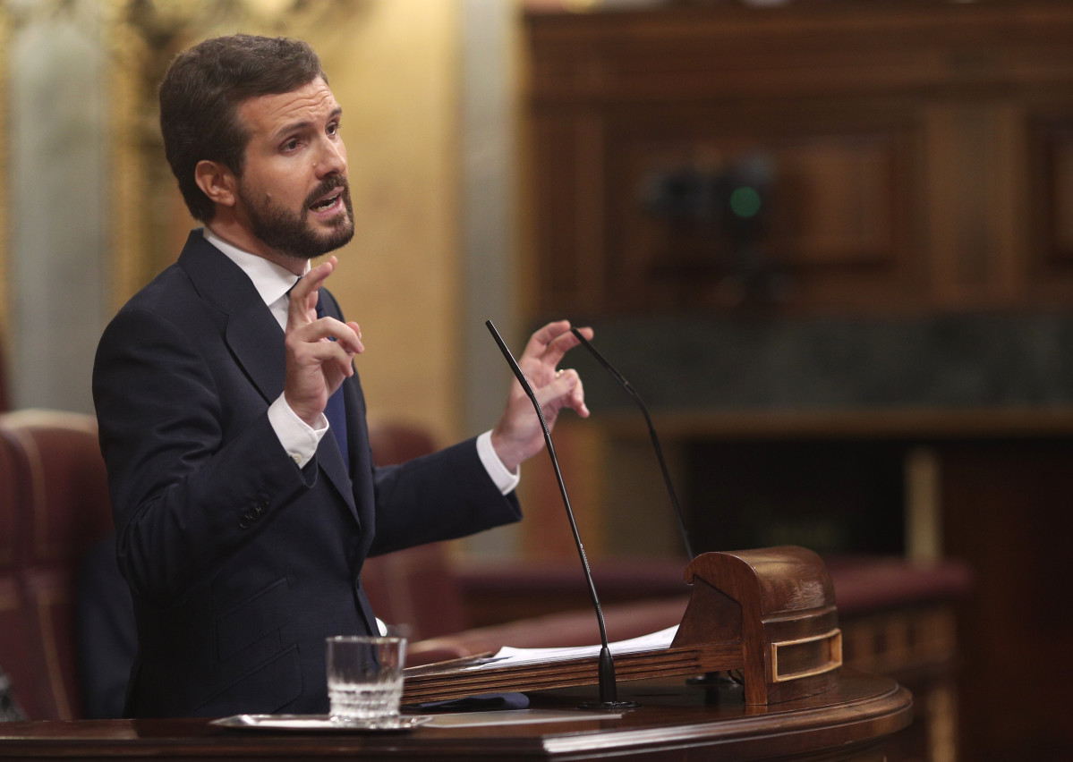 El presidente del PP, Pablo Casado, interviene durante la segunda sesión del pleno en el que se debate la moción de censura planteada por Vox, en el Congreso de los Diputados, Madrid (España), a 22 de octubre de 2020.