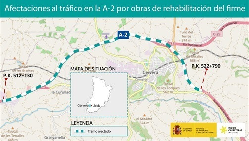 La A-2 registrará afectaciones en Cervera (Lleida) desde este lunes al 4 de octubre por obras