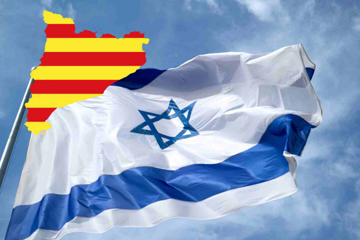 Mapa de Catalunya con la bandera de Israel de fondo