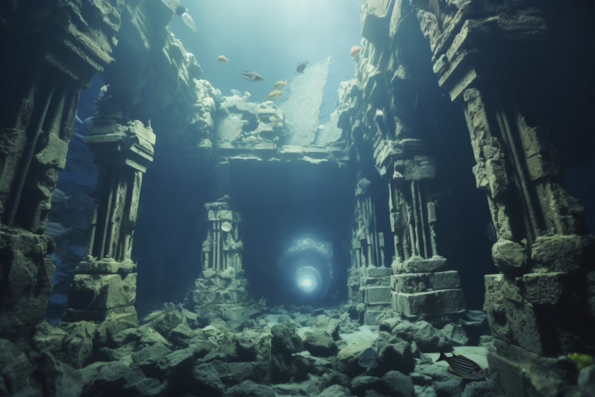 View archeological underwater building ruins