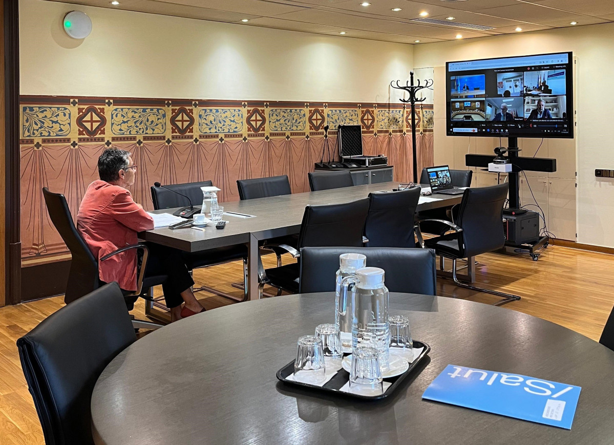 La consellera de Salud de la Generalitat, Olga Pané, participando en el Consejo Interterritorial del Sistema Nacional de Salud, desde su despacho en la sede de la Conselleria de Salud