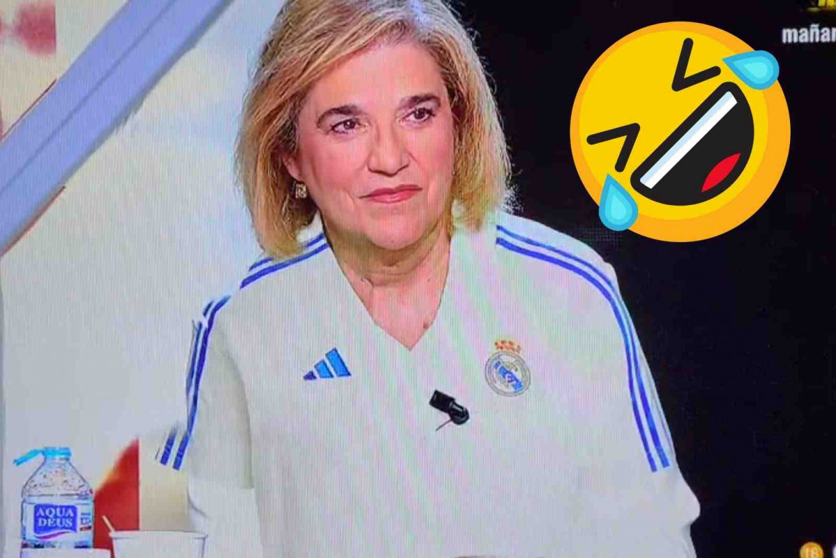 Pilar Rahola poniendo cara de asco al verse con la camiseta del Real Madrid