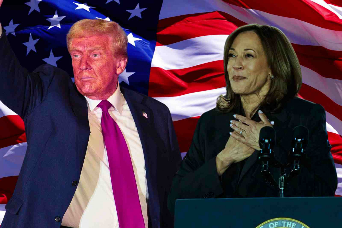 Donald Trump y Kamala Harris con la bandera de EEUU