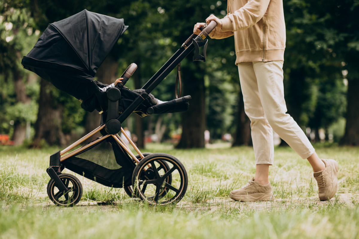 Young mother walking with baby carriage park