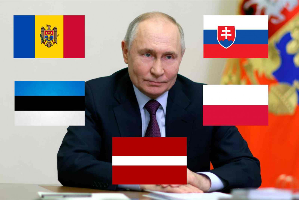 Putin con las banderas de Moldavia, Eslovaquia, Estonia, Polonia y Letonia