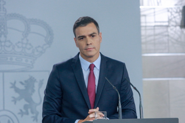 El presidente del Gobierno, Pedro Sánchez, realiza una intervención en el Palacio de La Moncloa, en Madrid (España) a 16 de octubre de 2019.