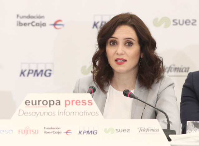 La presidenta de la Comunidad de Madrid, Isabel Díaz Ayuso, durante su intervención en un desayuno informativo de Europa Press, en Madrid (España), 16 de enero de 2020.