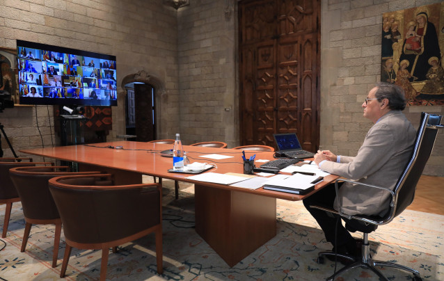 El presidente de la Generalitat, Quim Torra, en la 14 videoconferencia de presidentes autonómicos con el Gobierno, a 14 de junio de 2020.