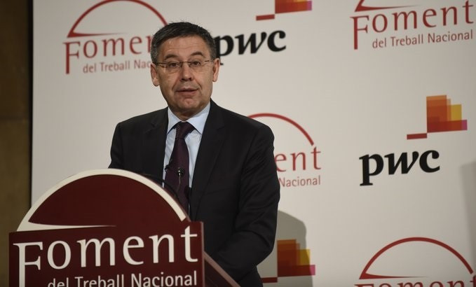 El presidente del FC Barcelona, Josep Maria Bartomeu, en un discurso en Fomento del Trabajo